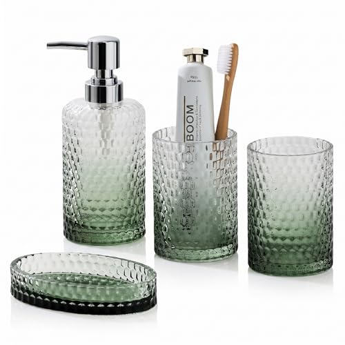 Bathroom Accessories Set, 4Pcs Clear Glass Bathroom Set, Hand Soap Dispenser, Toothbrush Holders, Tumbler, Bar Soap Dish for Modern Bath Decor Organizers and Storage Countertop Sink (Green) - color: Green