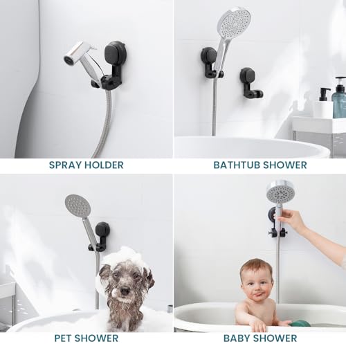 TAILI Shower Head Holder Suction,Visible Safety,with Hooks,Black | height angle adjustable,handheld shower wand bracket,no-drill removable waterproof,plastic,wall mounted,universal,kids,pets - color: Black& Red, size: Round