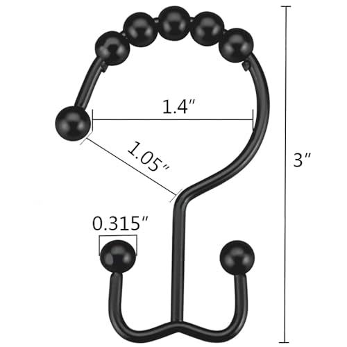 DAWNER Shower Curtain Hooks Rings, Rust Proof Hooks, Metal Easy Glide Double Shower Rings Hooks, Stainless Steel Shower Curtain Hangers for Bathroom Shower Curtains, Set of 12 Hooks, Matte Black - color: Matte Black