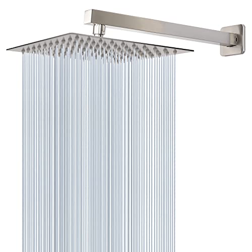 Shower Head with Extension Arm, High Pressure Square with ShowerArm, Stainless Steel Rainfall-Waterfall Full Body Coverage (10'' Shower with 16'' Arm, Brushed Nickel) - color: Brushed Nickel, size: 10'' Shower with 16'' Arm