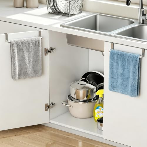 STWWO Kitchen Towel Holder for Cupboard Brushed Nickel | Over Cabinet Door Towel Bar, Over The Door Towel Rack, Stainless Steel Dish Towel Holder Hanger Rv Towel Rack, 2 Pack - color: Brushed Nickel