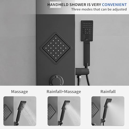 Shower Panel Shower Tower System, Stainless Steel with Massage Body Jets Adjustable, Stand Shower Column Wall Mount, Black