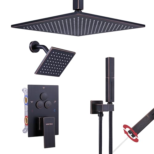 VANFOXLE Shower Faucet Set Oil Rubbed Bronze Modern Shower System | Push Button Diverter, 12 Inch Ceiling Mount Rain Head Increased Thick, 6 Inch Side Head, 2-in-1 Handheld Sprayer - color: Oil Rubbed Bronze, style: 12"+6" Head