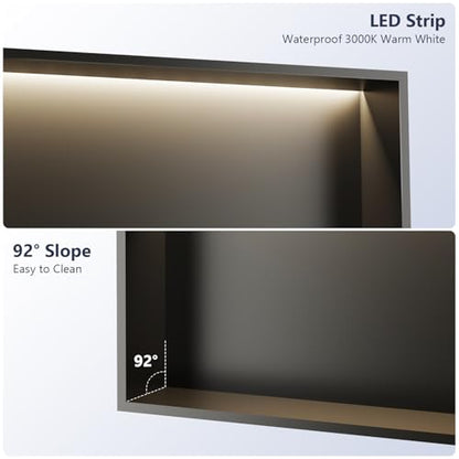 LED Stainless Steel Shower Niche 24" x 12" No Tile Needed | Recessed Wall Niche with Light, Shower Shelf for Bathroom Storage Insert Installation (Matte Black)