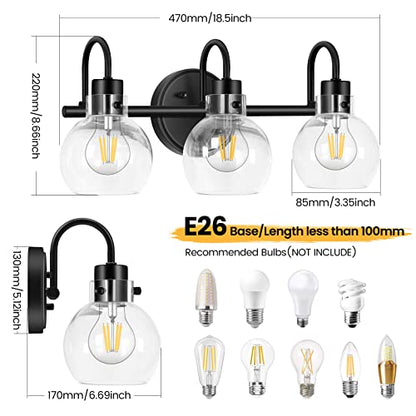 Bathroom Light Fixtures, Black 3 Lights Vanity Light, Farmhouse Wall Sconces with Globe Glass Shade, Porch Wall Mount Lamp for Mirror, Kitchen, Porch Living Room Workshop (E26 Base) | Farmhouse Wall Sconces with Clear Globe Glass Shade, Wall Mount Lamp fo