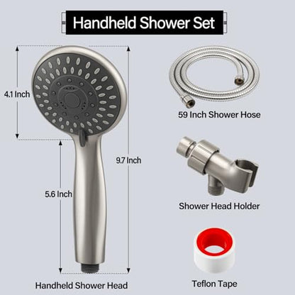 Handheld Shower Head High Pressure 5-Settings with Hose, Matte Black | Powerful Water Spray, Against Low Pressure Water Flow, 59 Inch Stainless Hose, Adjustable Mount - color: Brushed Nickel