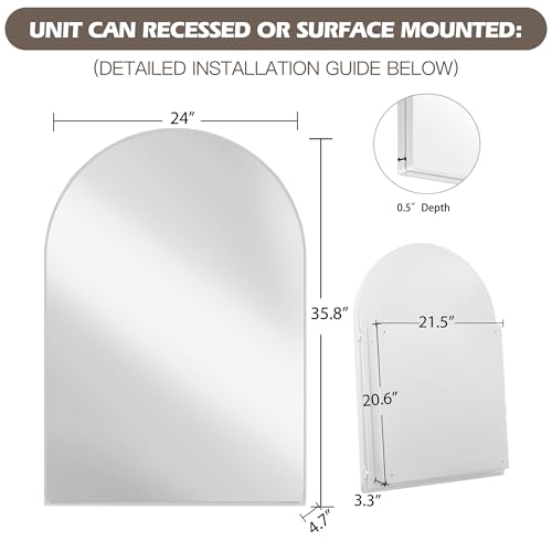 Arched Medicine Cabinet, Recessed Medicine Cabinet Surface Mount Medicine Cabinet with Mirror and Adjustable Shelves Medicine Cabinet Wall Mounted Bathroom Mirror Cabinet, 24x36 Inch (White) - color: White