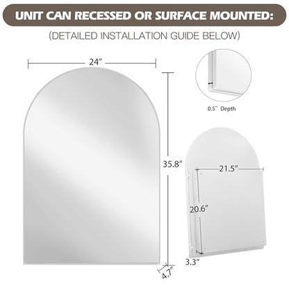 Arched Medicine Cabinet, Recessed Medicine Cabinet Surface Mount Medicine Cabinet with Mirror and Adjustable Shelves Medicine Cabinet Wall Mounted Bathroom Mirror Cabinet, 24x36 Inch (White) - color: White