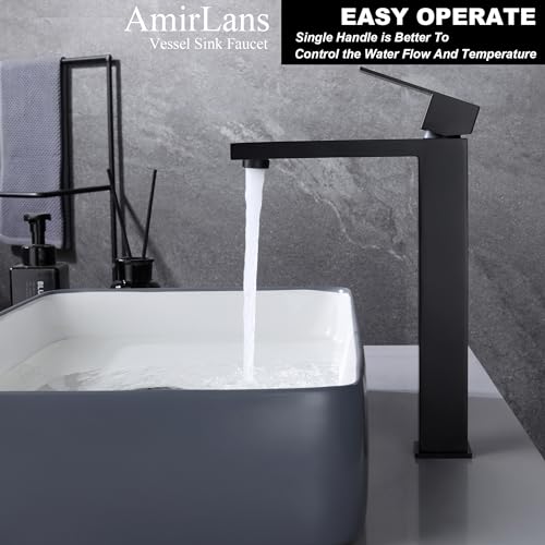 Matte Black Vessel Sink Faucet, Single Hole Tall Bathroom Faucet | Stainless Steel 1 Hole Black Matte Faucet for Bathroom Sink, Tall Vanity Faucet with Pop Up Drain - color: Matte Black, size: Tall