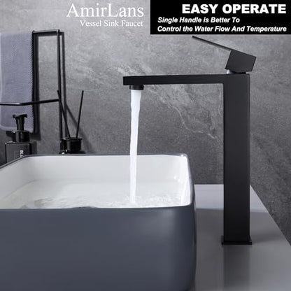 Matte Black Vessel Sink Faucet, Single Hole Tall Bathroom Faucet | Stainless Steel 1 Hole Black Matte Faucet for Bathroom Sink, Tall Vanity Faucet with Pop Up Drain - color: Matte Black, size: Tall