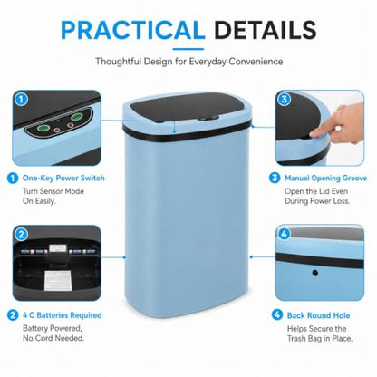 13-Gallon Touchless Plastic Trash Can, Blue | Motion sensor lid provides hands-free waste disposal in kitchens, offices, bedrooms, or living spaces. - color: Blue