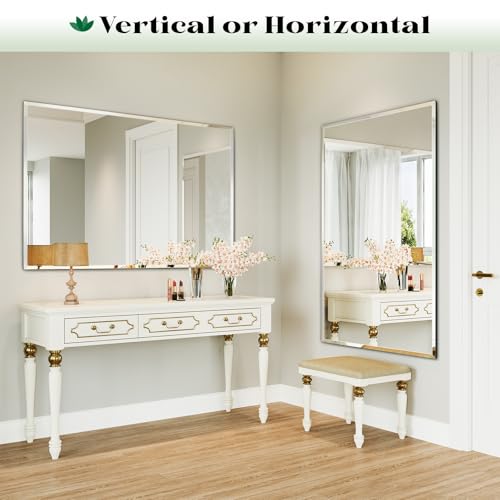 Frameless Bathroom Beveled Wall Mirror, 48"x32" Large Wall Mirror | Beveled Mirror for Over Sink, Vanity, Entryway, Living Room, Dinging Room, Bedroom, Hangs Horizontally or Vertically - size: 48"L x 32"W