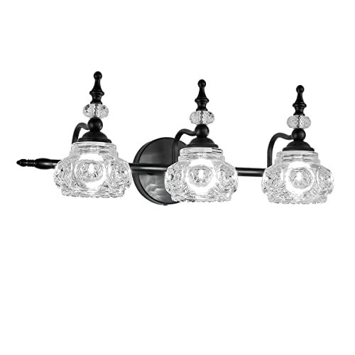 Vintage Bathroom Vanity Light Fixture, 3 Lights Bathroom Lighting Painted Black Surface with Thick Crystal Glass Shade, Vintage Vanity Light for Bedroom Living Room - color: Black, size: 3-Light (1-Pack)