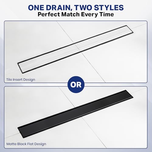 Linear Shower Drain 24 inch Matte Black with 2-in-1 Flat & Tile Insert Cover - 304 Stainless Steel Shower Floor Drain - Linear Drain with Reversible Cover & Hair Catcher - Includes Cleaning Tools - color: Matte Black