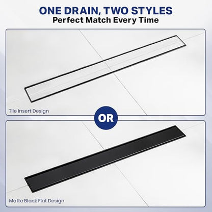 Linear Shower Drain 24 inch Matte Black with 2-in-1 Flat & Tile Insert Cover - 304 Stainless Steel Shower Floor Drain - Linear Drain with Reversible Cover & Hair Catcher - Includes Cleaning Tools - color: Matte Black