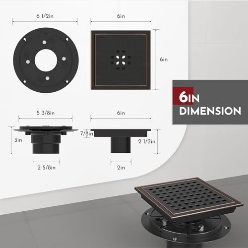 6 Inch Square Shower Floor Drain with Flange,Quadrato Pattern Grate Removable,Food-Grade SUS 304 Stainless Steel,Watermark&CUPC Certified,Oil Rubbed Bronze - color: Oil Rubbed Bronze, size: 6 Inch