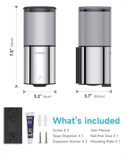 AIKE Automatic Soap Dispenser IPX7 Waterproof 13.5oz Polished Finish | No-Drill and Screws for Mounting,Space Saving,Adjustable 5 Levels Precise Dispense for Bathroom,Easy Refill Wide Opening - color: Polished Stainless Steel