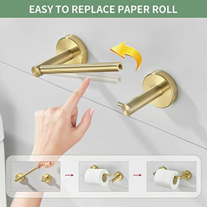 BATHSIR Brushed Gold Toilet Paper Holder & Hand Towel Holder Wall Mount 2 Pieces, Double Post Pivoting Round Modern Bathroom Hardware Towel Ring Toilet Tissue Holder, Bathroom Accessories Set - color: Gold 1