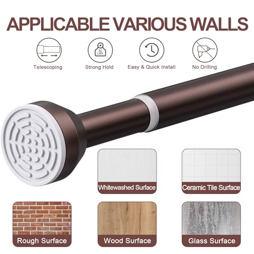 TEECK Shower Curtain Rod, 32-94 inch Adjustable Tension Spring, 1 Inch Shower Curtain Rod Tension, Anti-Slip, Rust-Proof, No Drilling, for Bathroom, Brown - color: Brown, size: 32-94 Inches