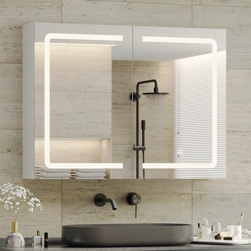 DICTAC Medicine Cabinet with Mirrors and Storage 31.5''x23.6'' Wall Mounted Bathroom Mirror Cabinets with Led Lights Double Doors Mirror Lighted Medicine Cabinets with Adjustable Storage Shelf,White - size: 31.5x23.62 inch