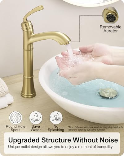 Brass Gold Vessel Sink Faucet, Tall Single Hole Bathroom Faucet for Vessel Sink Single Handle with Pop-Up Drain & Pre-Installed Hoses - color: Brushed Gold