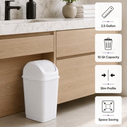 Superio Small 2.5 Gallon Plastic Trash Can with Swing Top Lid, Compact Slim Waste Bin for Under Desk, Office, Bedroom, Bathroom, Dorm Room, 10 Qt. Portable Garbage Can (White) - size: 2.5 Gallon, style: 1 Pack