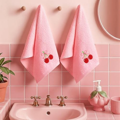 SmoothNovelty 2 Pcs Cherry Hand Towels Light Pink Bathroom Decor 14x29 Inch Embroidered 100% Cotton Soft Absorbent Spring Summer Decorative Hand Towels for Bathroom Kitchen - style: Cherry