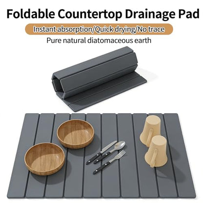 Stone Dish Drying Mat for Kitchen Counter – Super Absorbent Diatomaceous Earth Dish Drying Mat, Grey Kitchen Counter Mats for Dishes ,Bottles, Cups, Match Any Countertop