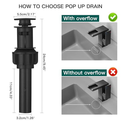 Hoimpro LED Bathroom Faucet 1 Hole, Single Handle Black Sink Faucets | Waterfall Widespread Faucet, 3 Colors Light Changing, with Pop-up Drain & cUPC Supply Lines, for Sink Vanity RV Restroom - color: Matte Black