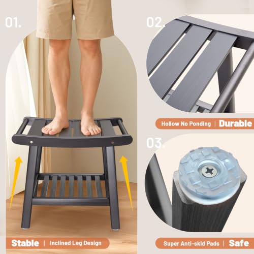 Bamboo Shower Stool Bench,Shower Chair for Inside Shower with Storage Shelf | Grey,Large Storage,Ergonomic Curved Design,A-Shaped Stable Construction,Non-Slip Rubber Feet,Hold 300lbs - color: Grey