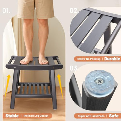 Bamboo Shower Stool Bench,Shower Chair for Inside Shower with Storage Shelf | Grey,Large Storage,Ergonomic Curved Design,A-Shaped Stable Construction,Non-Slip Rubber Feet,Hold 300lbs - color: Grey