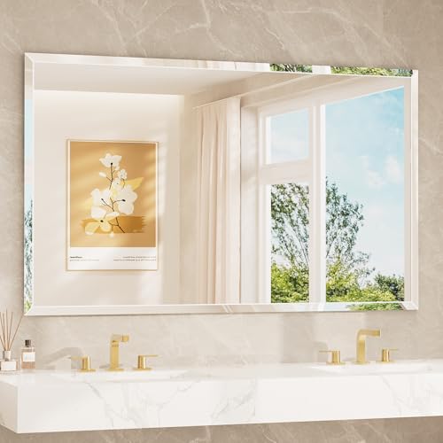 TETOTE 60" x 36" Rectangle Tempered Mirror with Frameless Beveled Edge for Vanity and Bathroom - size: 36"L x 60"W