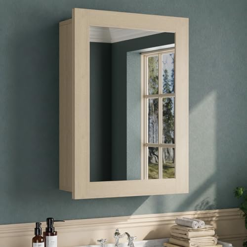 Buruis 20 x 28 Inch Bathroom Wood Medicine Cabinet Mirror, Oak Finish | Fully Assembled Design, Adjustable Glass Shelves, Soft-Close Hinges, Bathroom Storage Organizer, Left/Right Opening - color: Oak, size: 20 x 28 inch