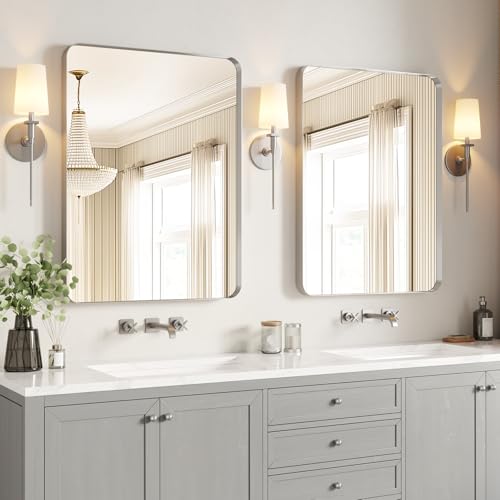 USHOWER Brushed Nickel Bathroom Mirrors 24"x36" 2 Pack | Silver Rectangle Vanity Mirrors for Bathroom Sink, Aluminum Frame, Anti-Rust, Tempered Glass, Horizontal or Vertical - color: Brushed Nickel, size: 24"Lx36"W-2pcs