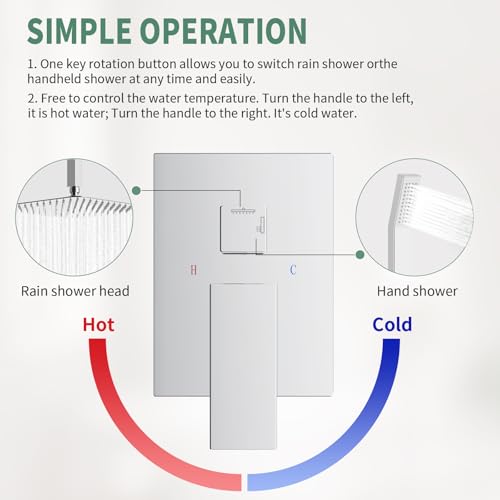 SunCleanse Rainfall Shower Faucet Set with High Pressure in Polished Chrome | Ceiling mounted shower combo set featuring a 10" square rain head, handheld spray, and rough-in mixer valve with trim. - color: Polished Chrome, style: 10-ceiling
