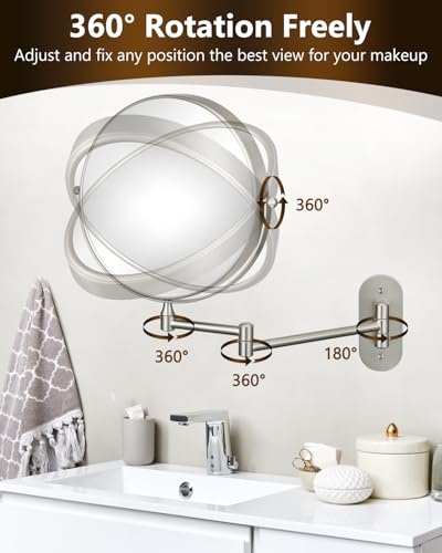 DECLUTTR 9 Inch Wall Mounted Makeup Mirror, 15X Magnification Double Sided Swivel Extendable Bathroom Mirror - color: Brushed Nickel
