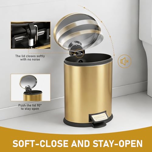 SIMPLYKLEEN Bathroom Trash Can with Lid - 4PC 1.3 Gallon/ 5L Oval Small Trash Can with Soft-Close Lid, Foot Pedal, Brushed Stainless Steel, Removable Liner, Garbage can for Kitchen, Office, Home Gold - color: Gold, size: 5L Oval 4PC