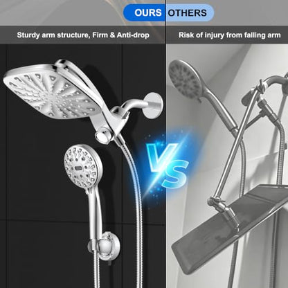 Dual Rainfall Shower Head With Handheld Showerhead, High Pressure Shower Head With Handheld Spray, 8-Mode Showerhead with Adjustable Extension Arm, 71Inch Shower Hose & Suction Cup Holder, Chrome - color: Chrome