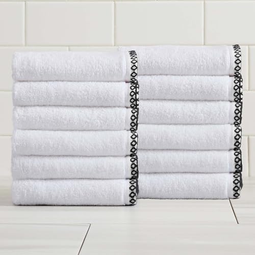 Great Bay Home Black/White Washcloth Set - Ultra-Soft Cotton, Boho-Chic Border Design - 12 Washcloths (13" x 13") - Absorbent, Quick-Dry, Lightweight Bathroom Towels - color: White / Black, size: Washcloth (Pack of 12)