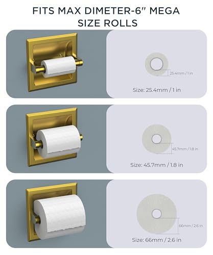 FORIOUS Recessed Toilet Paper Holder for Mega Rolls, Brushed Gold | Stainless Steel Tissue Roll Holder Wall Mount for Bathroom Space-Saving Design, in Wall Toilet Paper Dispenser Insert - color: Gold
