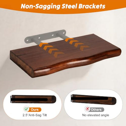 Solid Wood Live Edge Floating Shelves Set of 2 – 16" Rustic Wall Shelf with Hidden Bracket System, Wall Mounted Shelves for Bathroom, Kitchen, Living Room, Bedroom (Walnut) - color: Walnut, size: 16inch