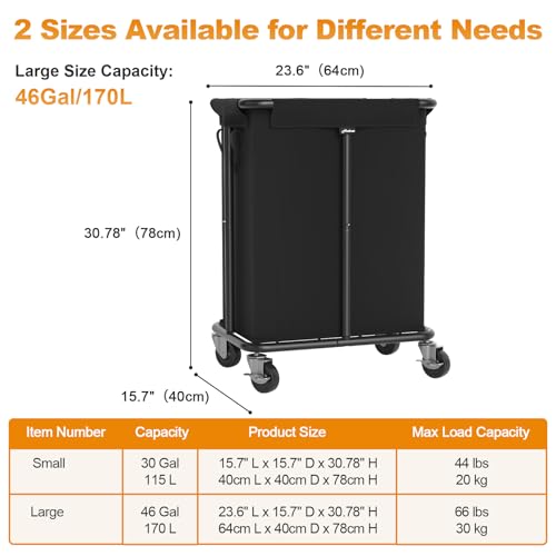 Hodonas Laundry Basket with Wheels, Rolling Laundry Hamper, 46 Gallons (170L), Removable and Machine Washable Liner, Steel Frame, Large Laundry Cart for Laundry Room, Bedroom, Bathroom, Dorm - Black - color: Black