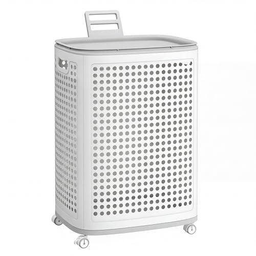 SONGMICS Laundry Hamper with Wheels, Plastic Laundry Basket, 19.8 Gallons (75 L), Slim Storage Basket, for Bathroom, Bedroom, White and Gray URLH020WG01 - color: White + Gray, size: Lid and Wheels
