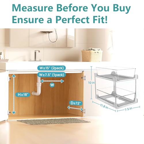 2 Pack Bathroom Organizer,2 Tier White Under Sink Organizers Vanity Countertop Storage Container,Cabinet Drawers Bins, Pull-Out Organization with Track for Pantry, Kitchen