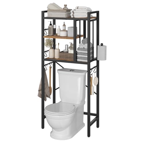Over The Toilet Storage Rack, 3-Tier Bathroom Organizer Shelf, Above Toilet Storage with Paper Holder 8 Hooks, Over The Toilet Storage Cabinet for Bathroom, Laundry, Rustic Brown and Black TR06BR