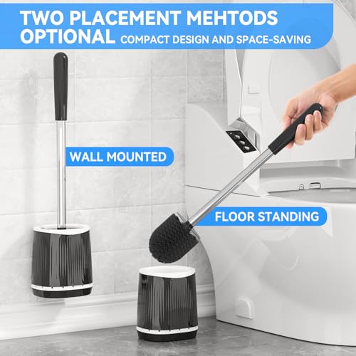 TRENTI Toilet Brush and Holder Set - Bristles Bowl Brush Head with Ventilated Holder, Wall Mounted Compact Set for Bathroom Deep Cleaning - color: Black