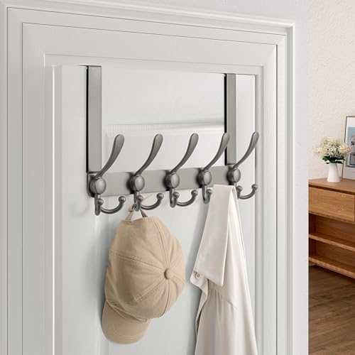 Over Door Hook 2.0 - Upgraded Version - Simple-Assembly, Strong, Heavy-Duty Stainless Steel 5-Tri-Hook Over The Door Hanger Rack, SimpleStrong Series, Grey, Pack of 2 - color: Gray