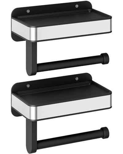 Kitsure Toilet Paper Holder with Shelf - Adhesive & Screw Wall Mount Toilet Paper Storage, Matte Black Design for Bathroom Decor, Space-Saving for Washroom, RV, Black, 2 Pack - color: Black, size: 7.1"W (2-Pack)