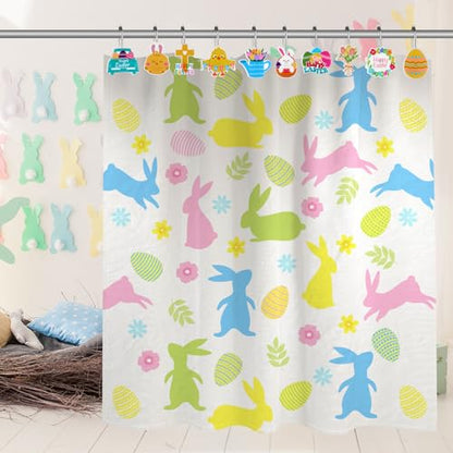 12Pcs Shower Curtain Hooks Hangers Decorative Metal Rustproof Bathroom Room Pendants Decor Accessories with Bunny Happy Carrot Flower Chick Rabbit Stainless Curtains Rings