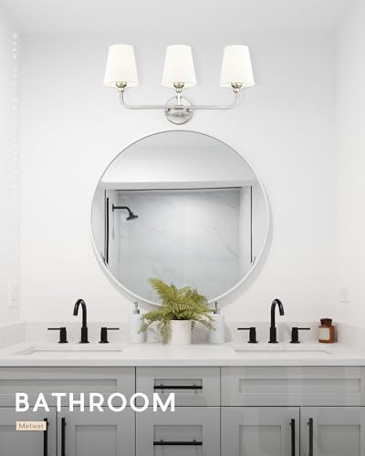 Bathroom Light Fixtures, Brushed Nickel Vanity Lights with Flared White Fabric Shade, 3 Light Wall Sconce, Modern Sconces Wall Lighting for Hallway Bedroom, VL837-BN-3 | 24.5" bathroom light fixtures over mirror, upward only, E26 base, bulbs not included,